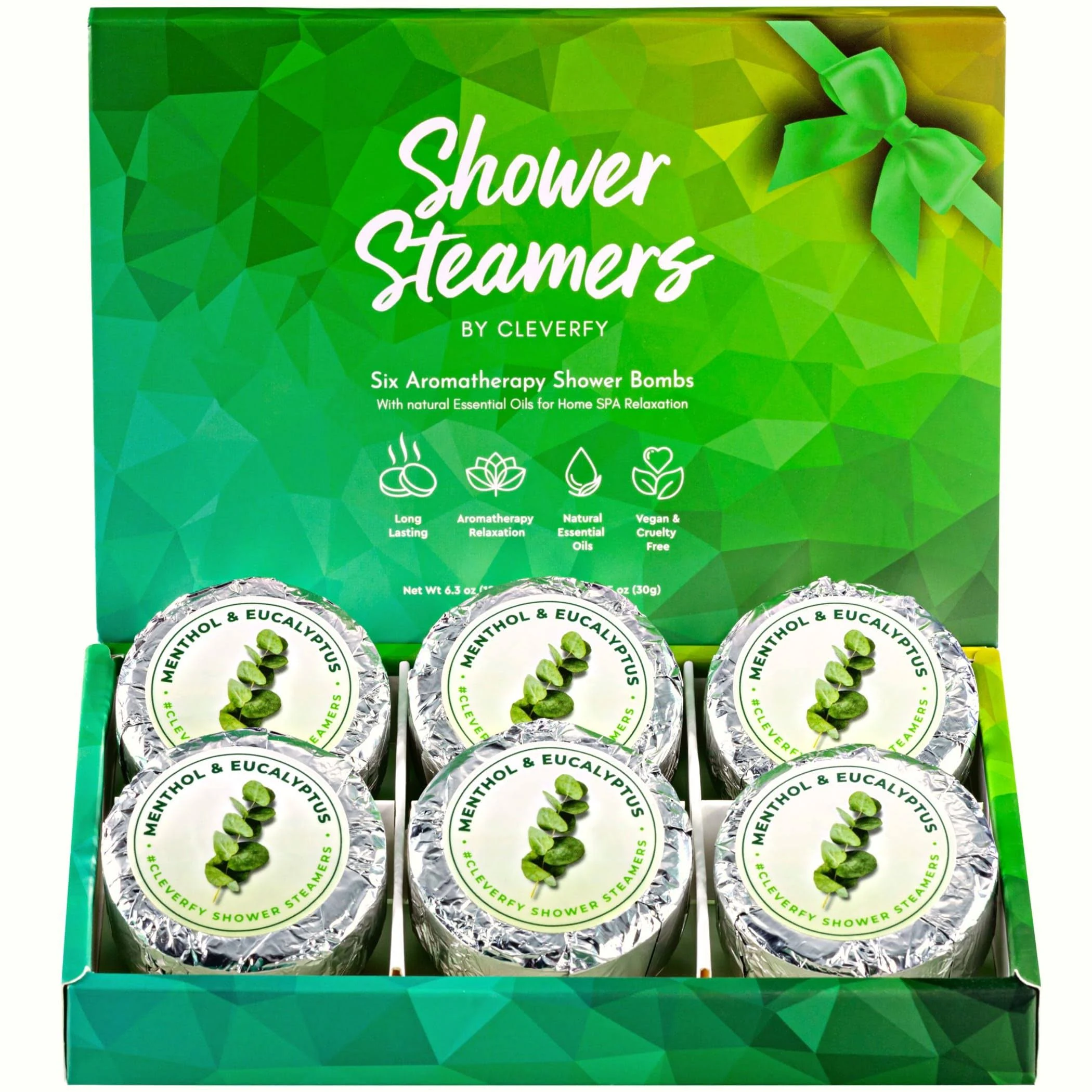 Cleverfy Shower Steamers Aromatherapy - Pack of 6 Menthol & Eucalyptus Shower Bombs with Essential Oils for Relaxation and Nasal Congestion. Green Set