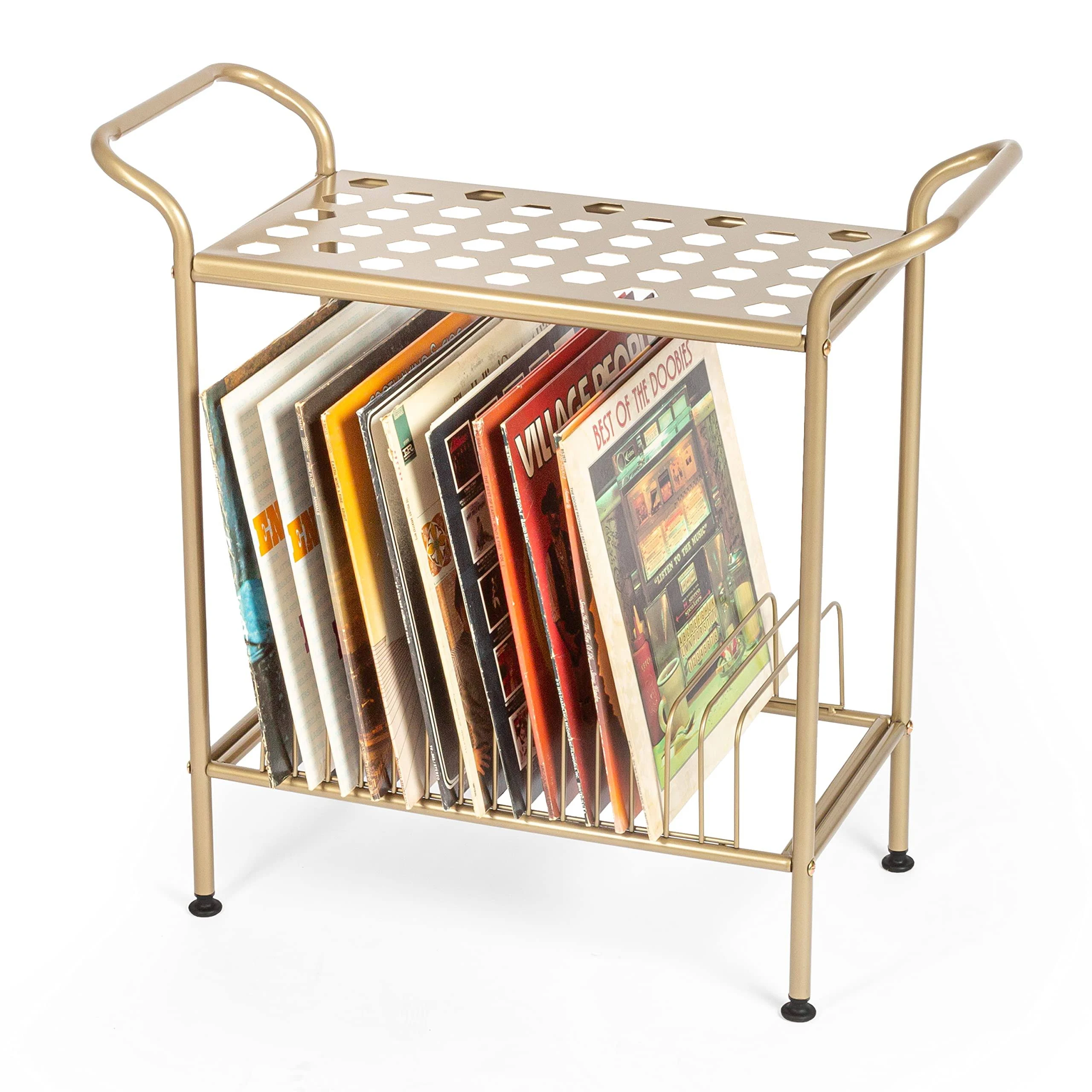 Ilyapa 2-Tier Gold Metal Record Player Stand with 14 Slot Vinyl Record Holder