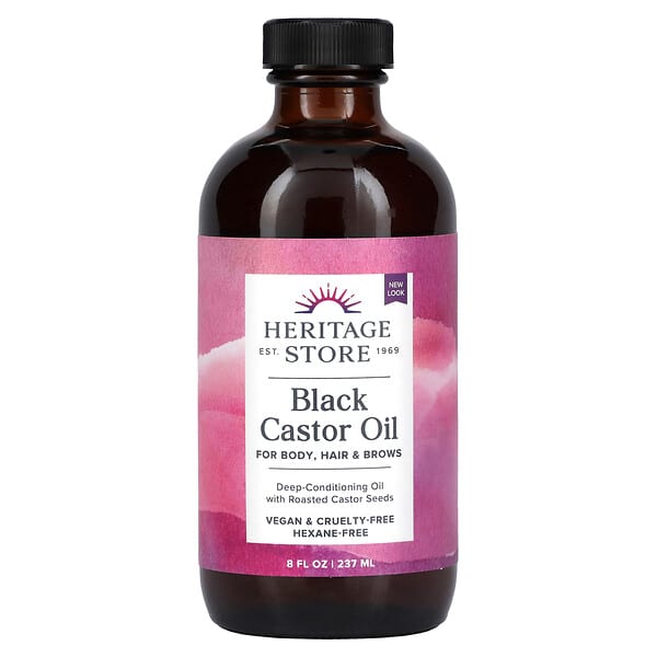 HERITAGE STORE Black Castor Oil, Traditionally Roasted, Rich Hydration for Hair & Skin, Bold Lashes & Brows 8oz 