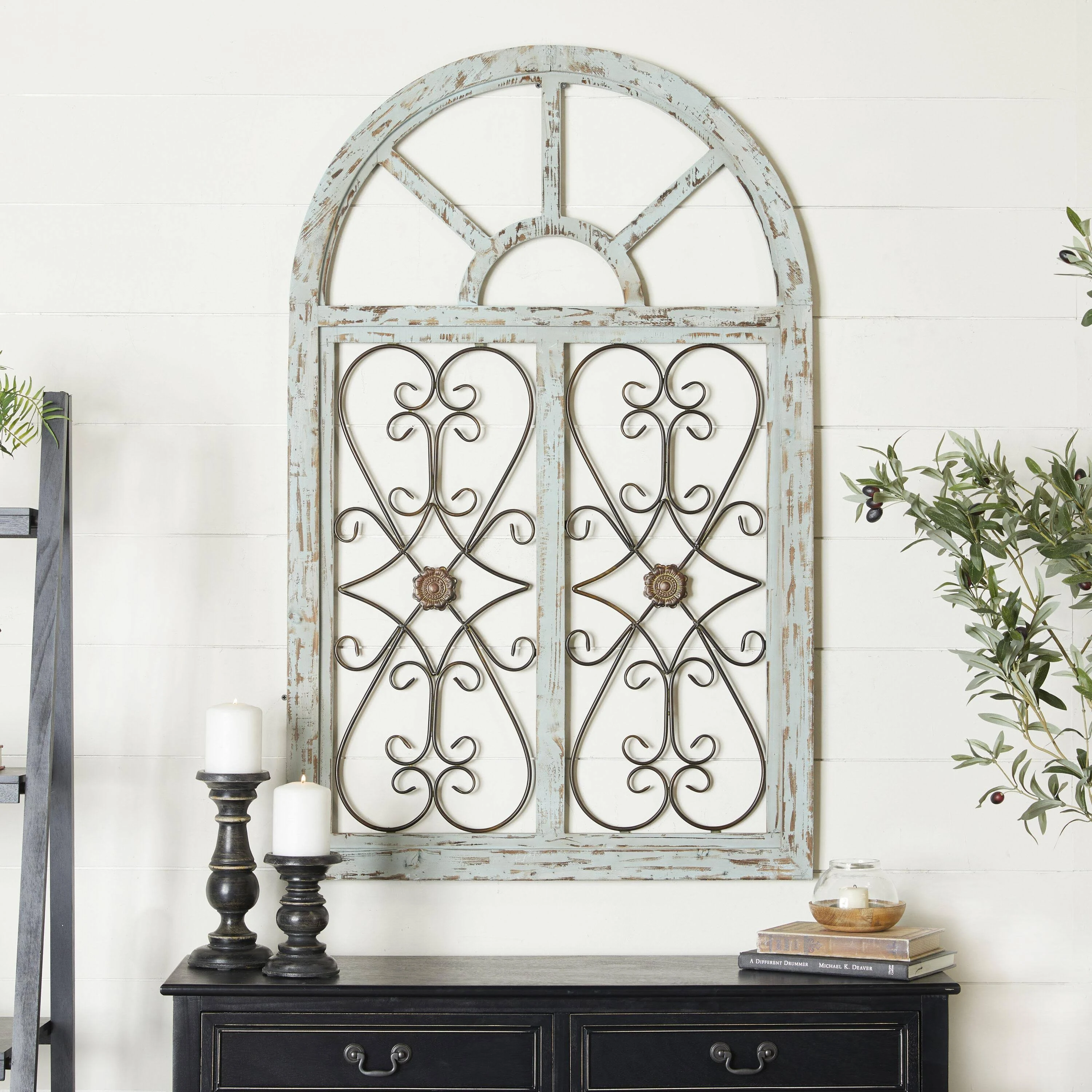 White Wood Arched Window Inspired Scroll Wall Decor with Metal Scrollwork Relief 28" x 1" x 45"