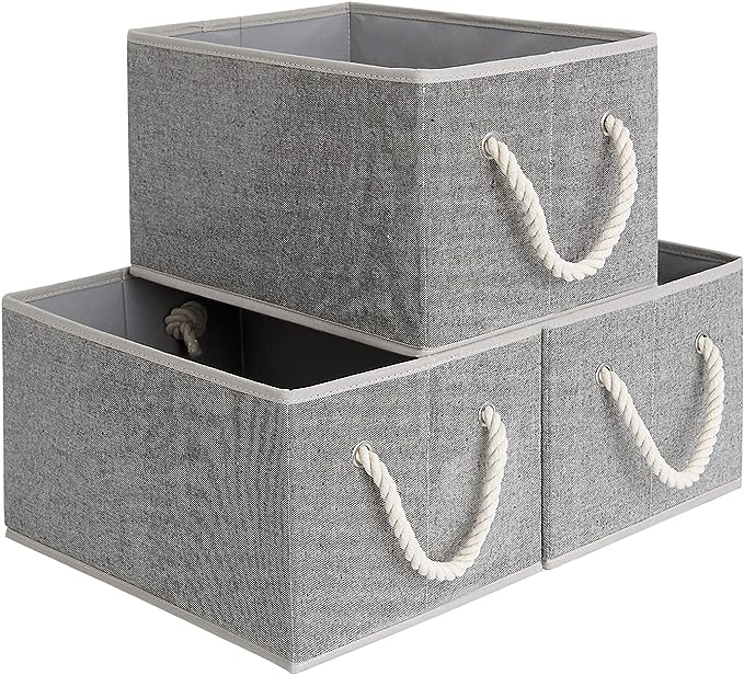 StorageWorks Closet Organizers with Handles, Rectangular Storage Baskets for Shelves, Foldable Closet Storage Bins for Linen Closet, 3-Pack, Gray