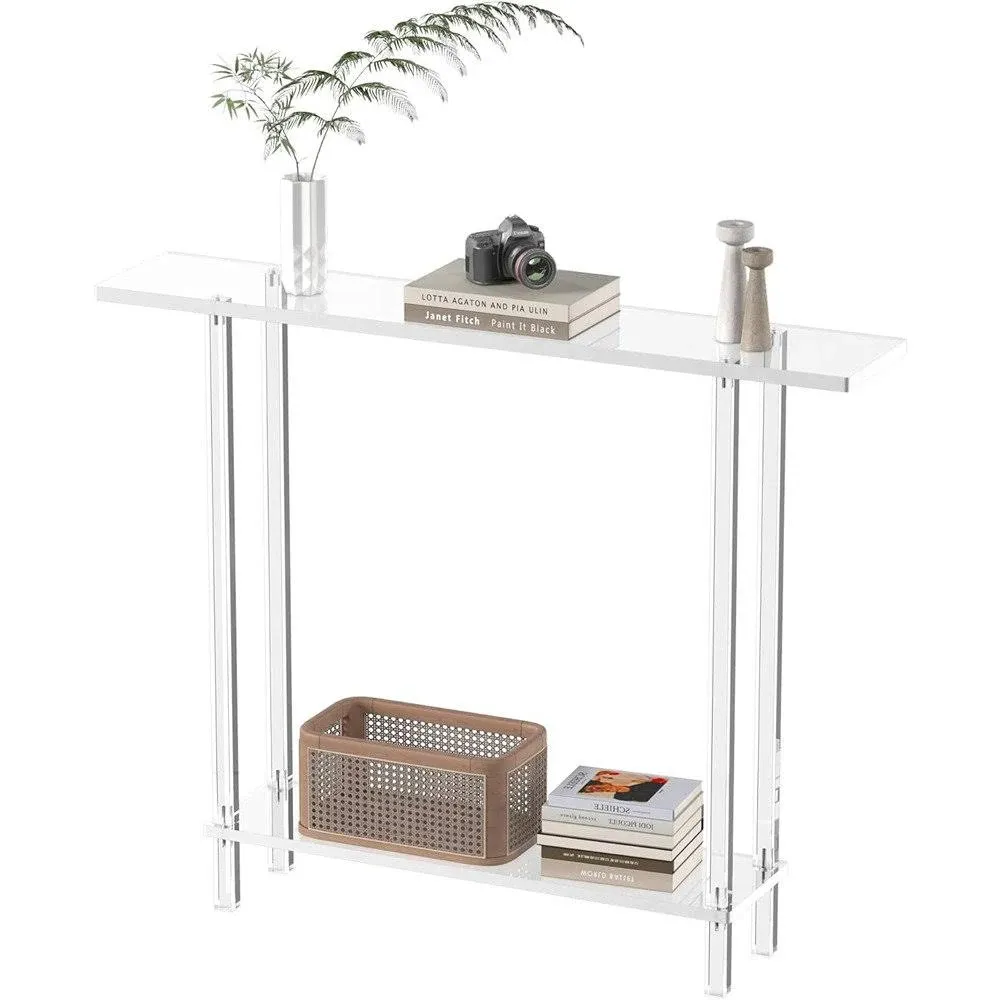 Acrylic Narrow Console Table for Entryway, 7.6" D x 39.4" W x 31.5" H, Square Legs, Skinny Entry Table for Sofa, Foyer, Hallway, Living Room, Modern, 2-Tier, Clear