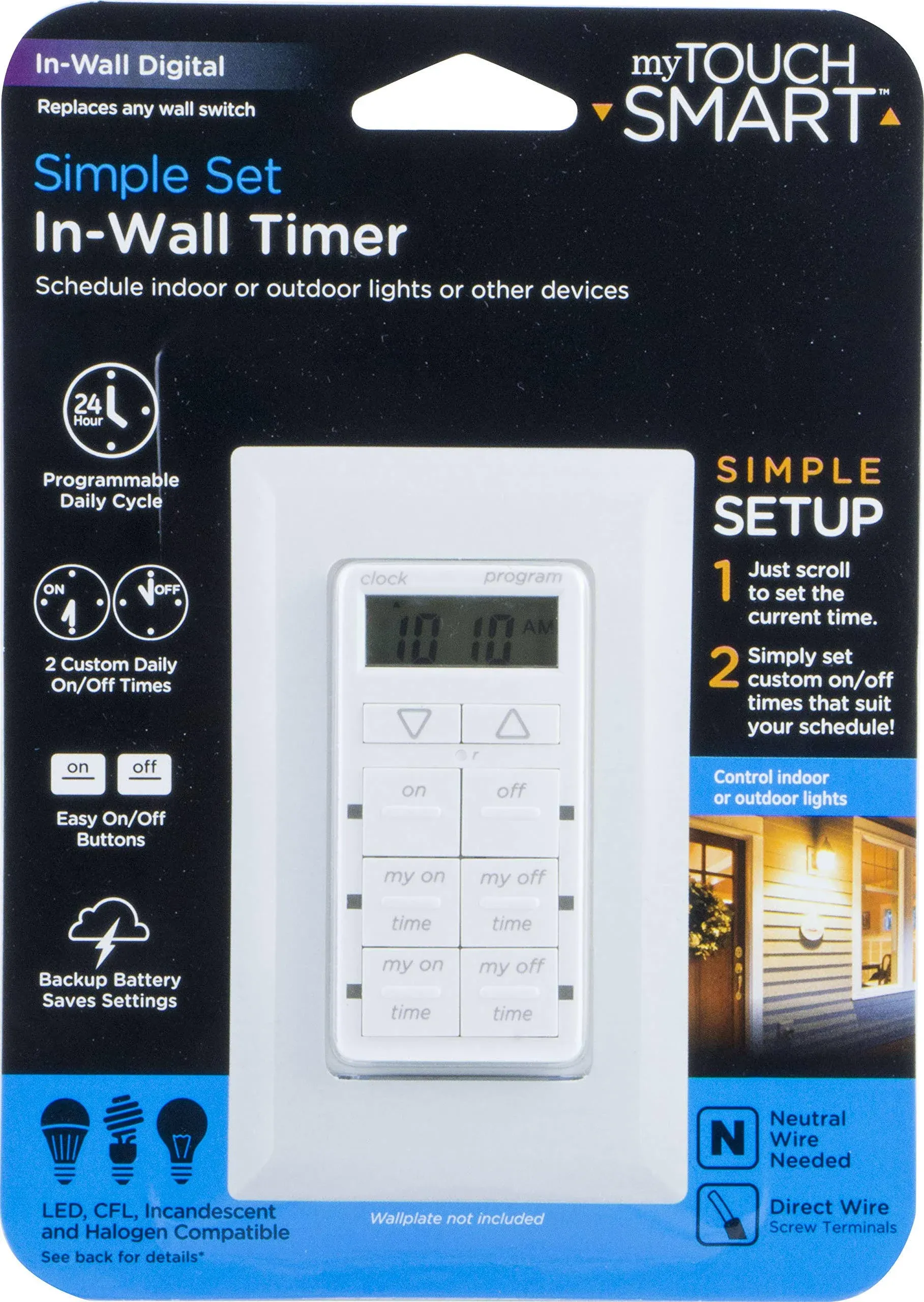 MyTouchSmart 24-Hour in-Wall Digital Timer, 4 Programmable Easy On/Off Buttons