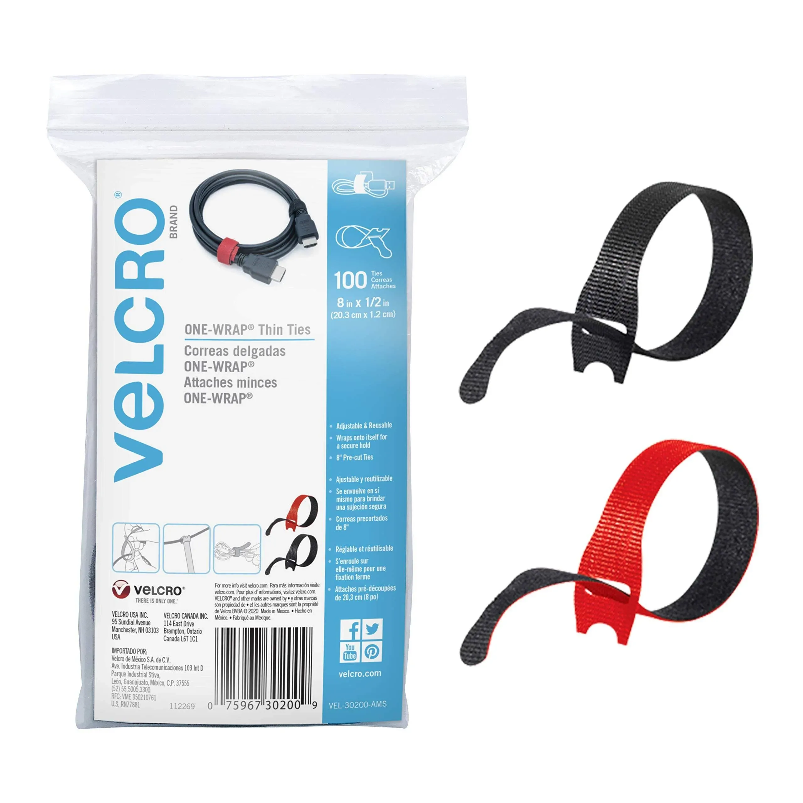 VELCRO® Brand ONE-WRAP® Thin Ties, 8"" x 1/2"", Assorted Colors, Pack Of 100 Ties