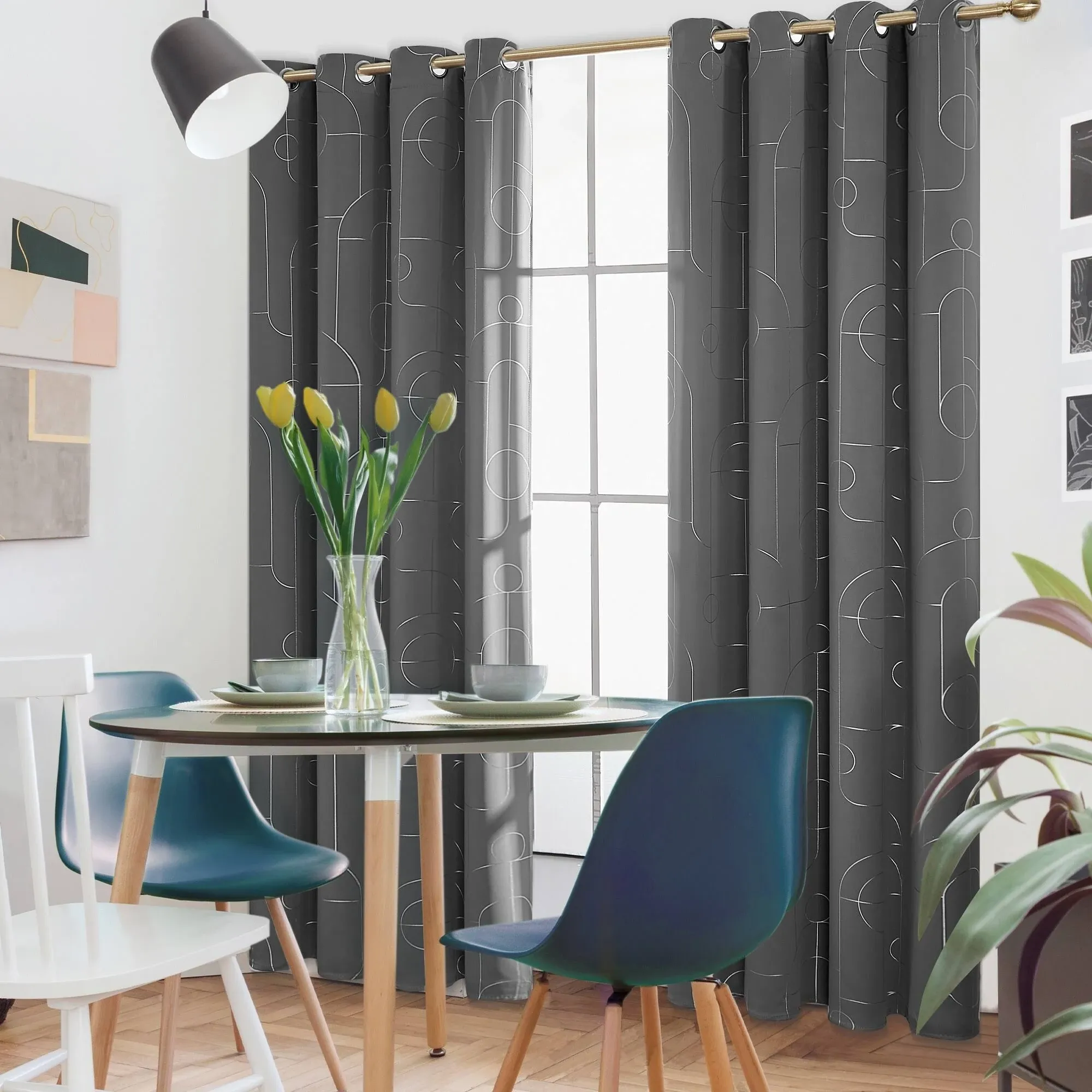 Deconovo Blackout Silver Circle and Line Curtains(2 Panel) - 52X96 inch - Grey