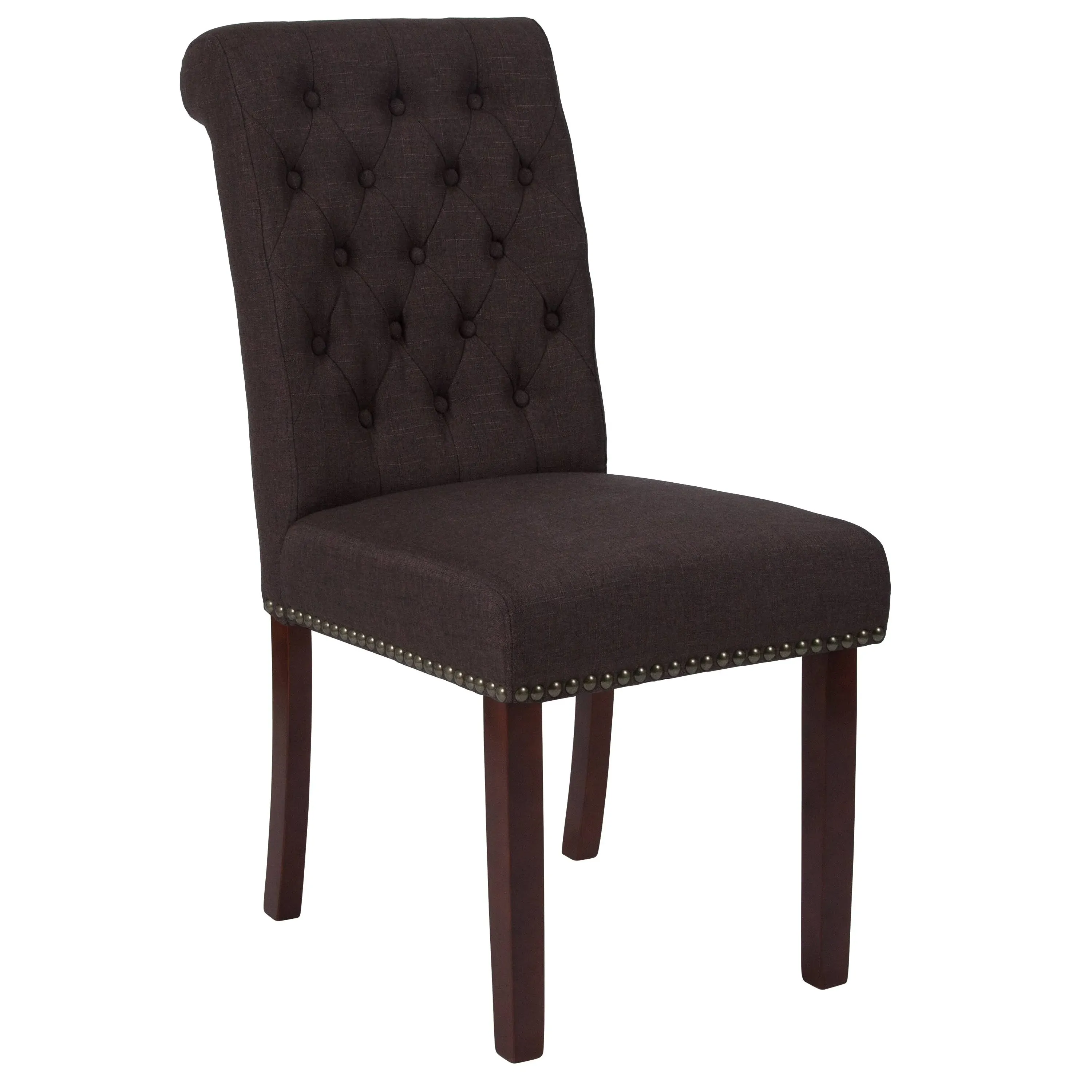 Flash Furniture HERCULES Series Brown Fabric Parsons Chair with Rolled Back, Accent Nail Trim and Walnut Finish