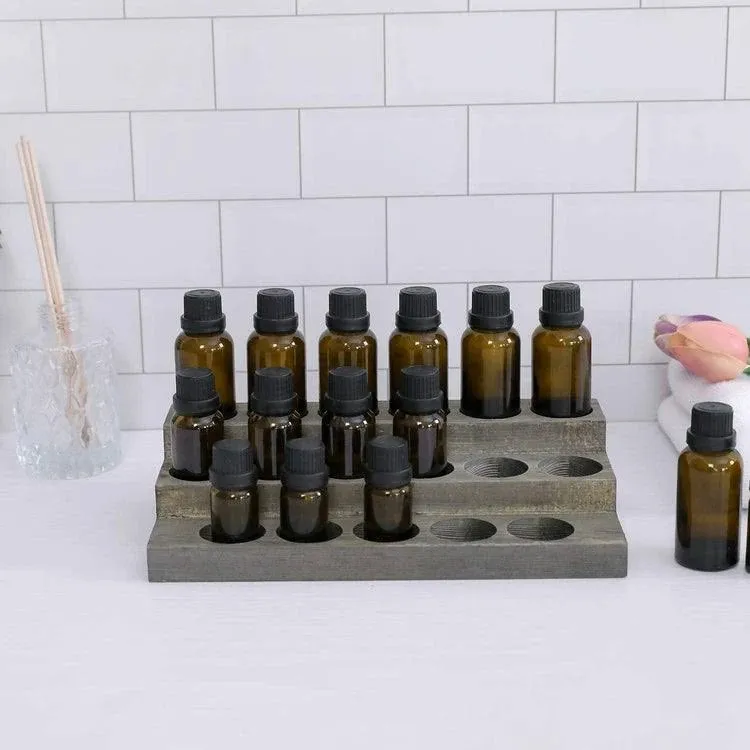 MyGift 3-Tier Vintage Grey Wood 17-Bottle Essential Oil Display Stand