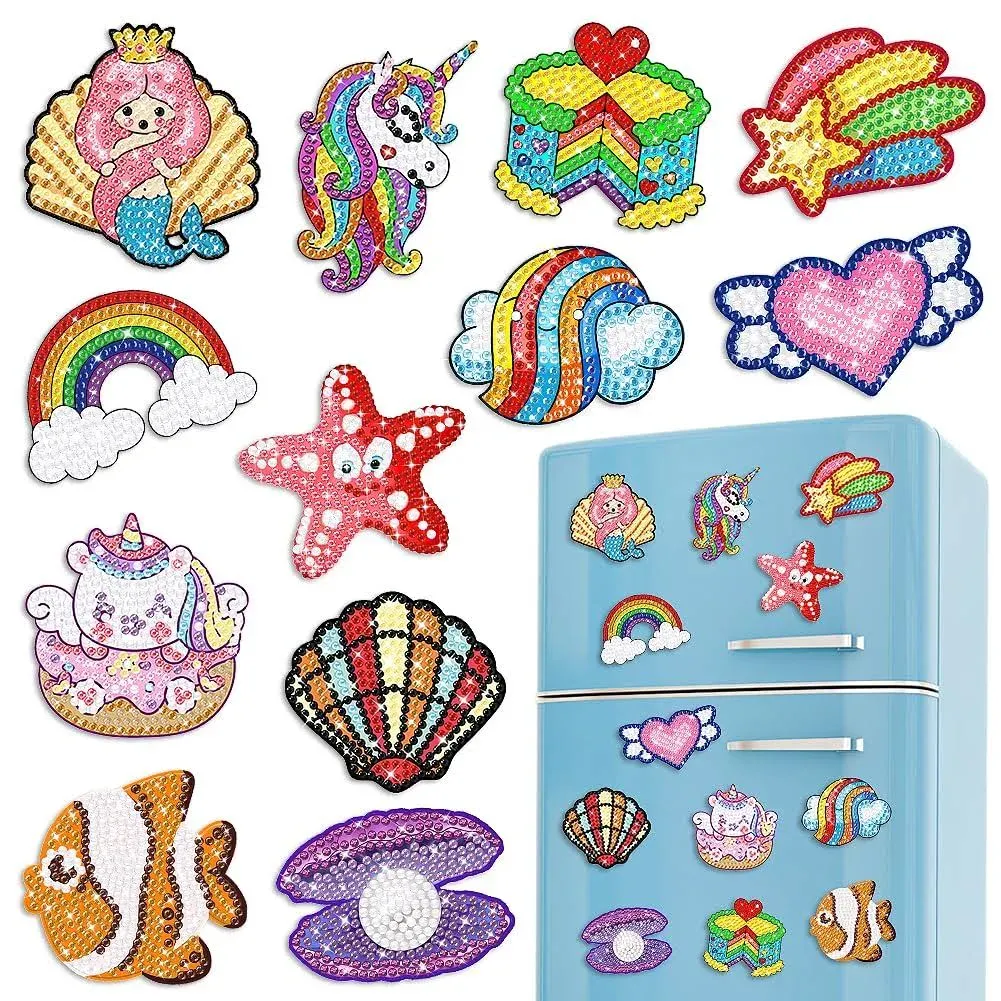 Diamond Painting Fridge Magnets, 12 Pcs Gem Art Diamond Painting Kits for Kids A