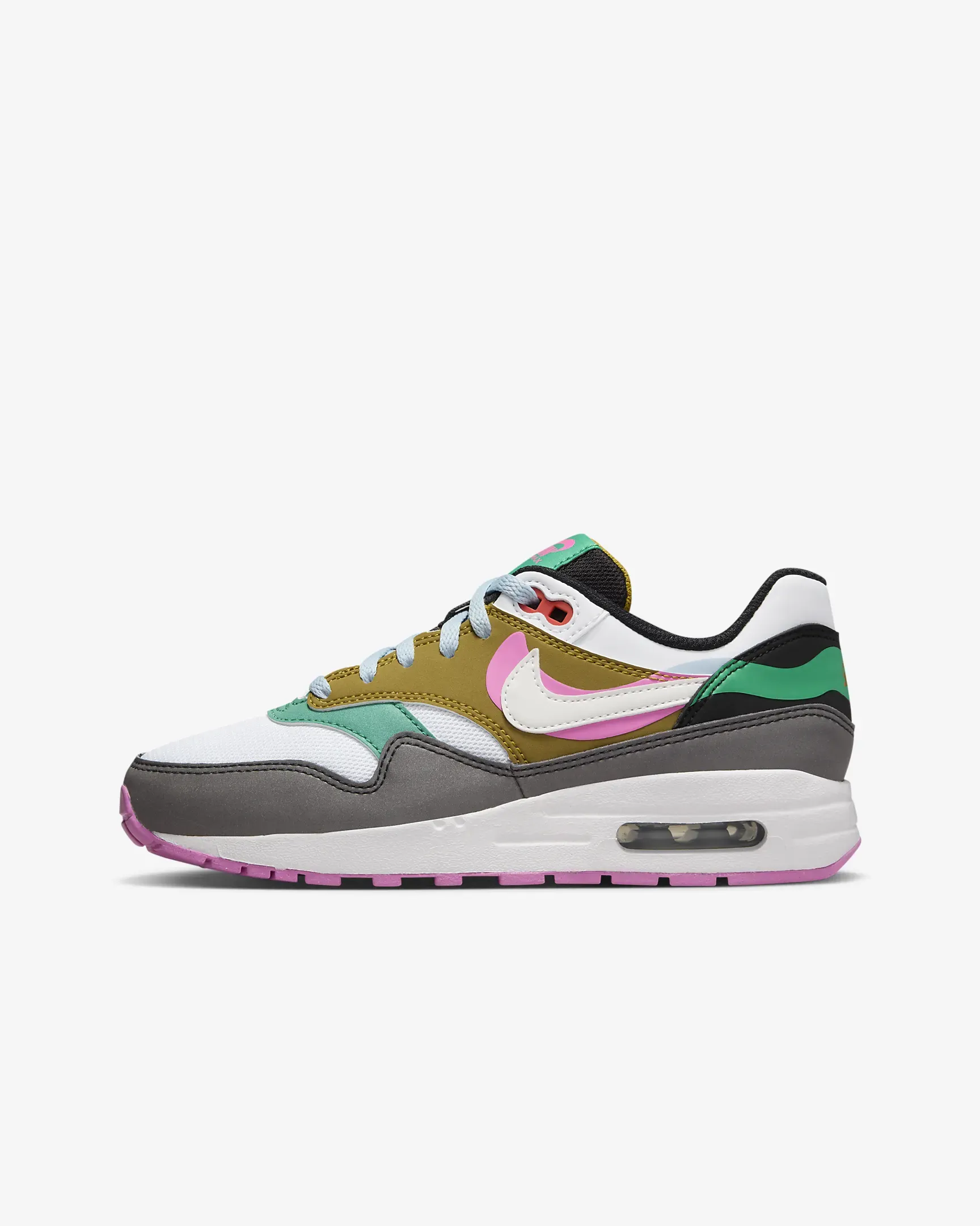 Nike Air Max 1 SE Big Kids' Shoes (FJ3286-001, Black/Playful Pink/Stadium Green)