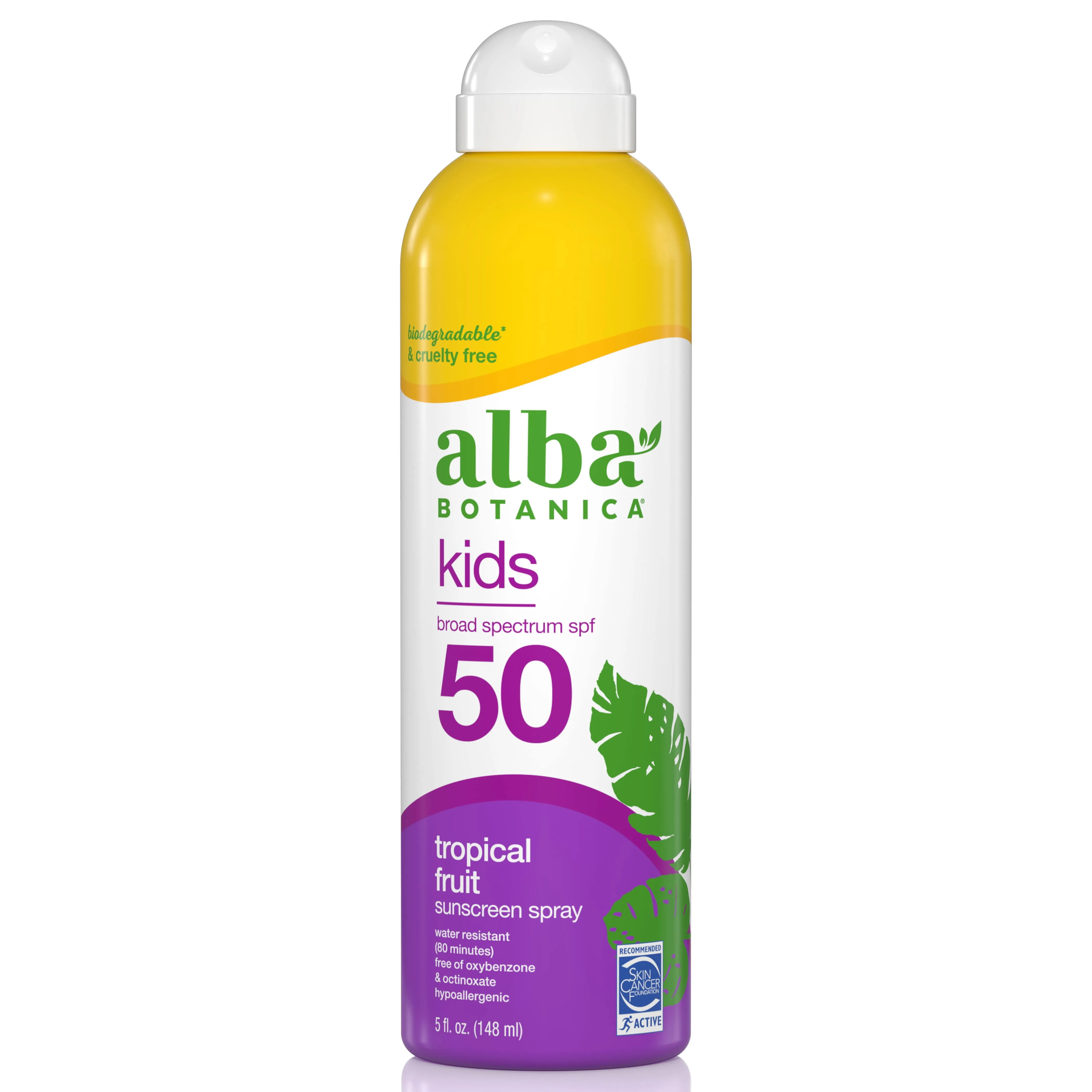 Alba Botanica Kids Sunscreen Spray for Face and Body, Tropical Fruit, Broad Spectrum SPF 50, Water Resistant, 5 fl. oz. Bottle (Pack of 2)