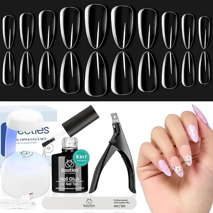 Beetles Gel Nail Kit Easy Nail Extension Set with 500Pcs Nail Tips Coffin Shape 5 In 1 Nail Glue Base Gel and Innovative Led Lamp Easy Diy Nails Art Home Gelly Tips