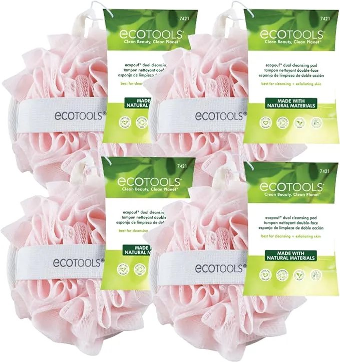 EcoTools Exfoliating Body Buffer, for Body Cleansing, Removes Dead Skin, Moderate Exfoliation, Bath & Shower Accessory, Designed with Strap, Sustainable & Vegan Body Scrubber, 4 Count