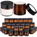 2 oz Round Amber Glass Jars, Bumobum 48 Pack Cream Jars with Black Lids, White Labels & Inner Liners, Empty Cosmetic Containers for Cream, Lotion