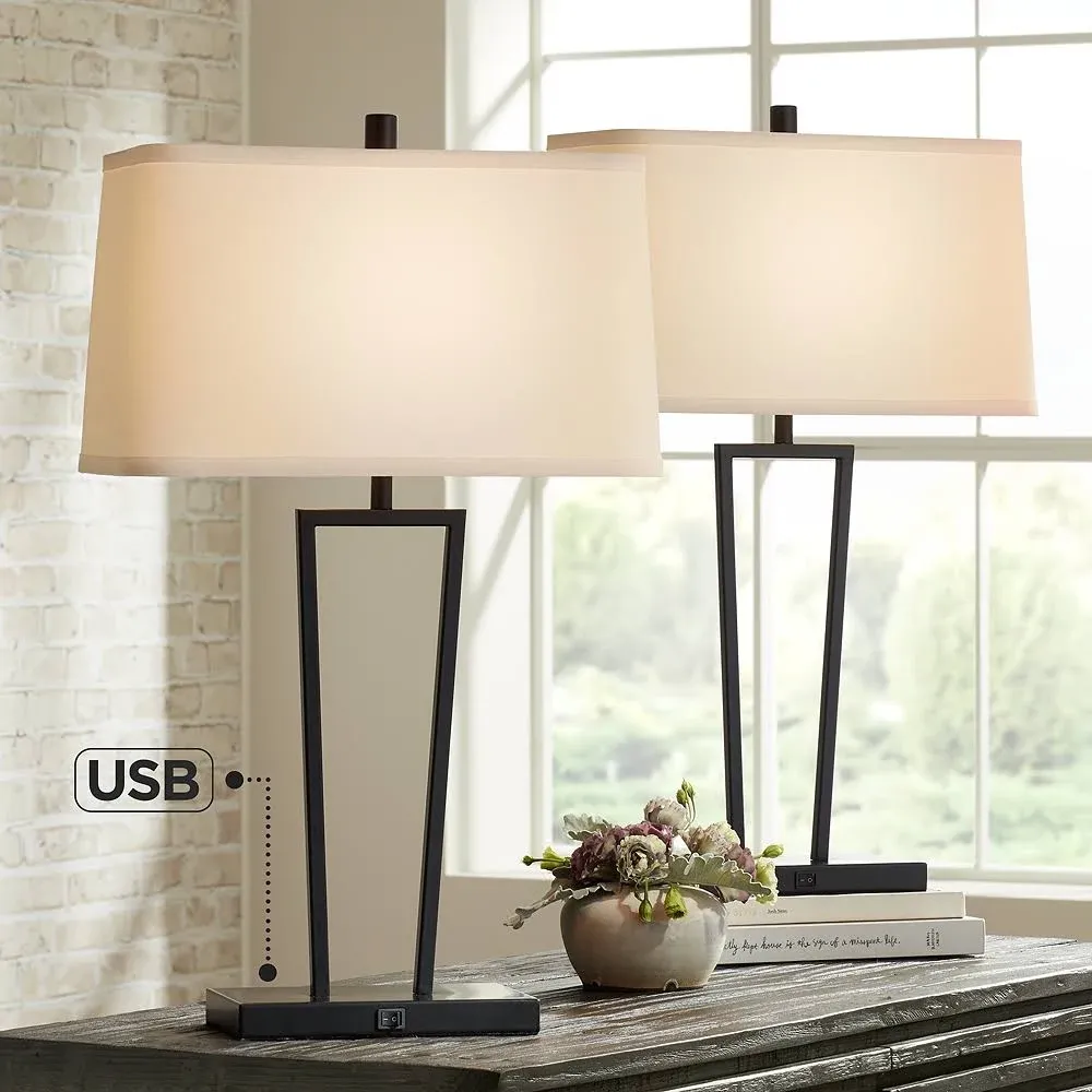 360 Lighting Cole Modern Table Lamps Set of 2 with USB Charging Ports Black Metal ...