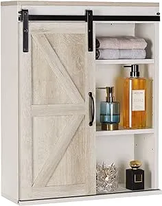 RUSTOWN Farmhouse Wood Wall Storage Bathroom Cabinet with Sliding Barn Door, Rustic Medicine Cabinet with Adjustable Shelf