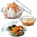 Set of 3 Clear Round Glass Casserole Dishes with Lids - 0.65L, 1L, 1.4L