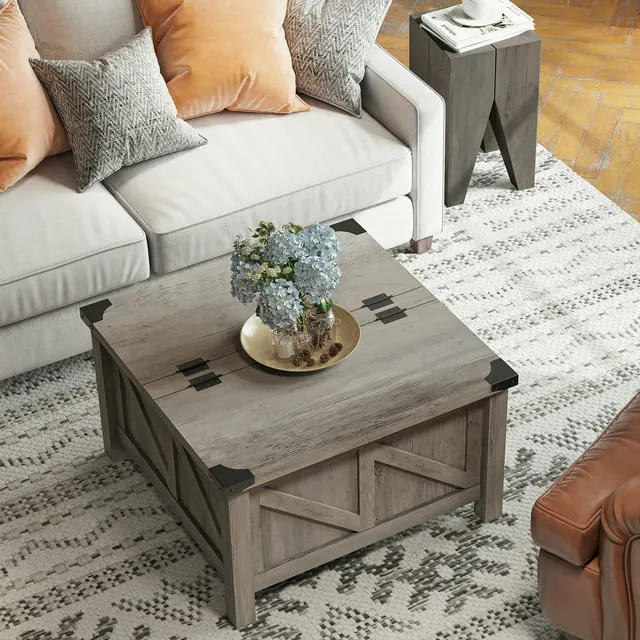 Farmhouse Coffee Table with Lift Top and Storage for Living Room, 30"x 30", Wash Grey