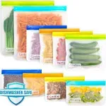 Qinline Reusable Food Storage Bags - 10 Pack Dishwasher Safe Freezer Bags, BPA Free Reusable Bags Silicone, Leakproof Reusable Lunch Bag for Salad Fruit Travel - 2 Gallon 4 Sandwich 4 Snack Bags