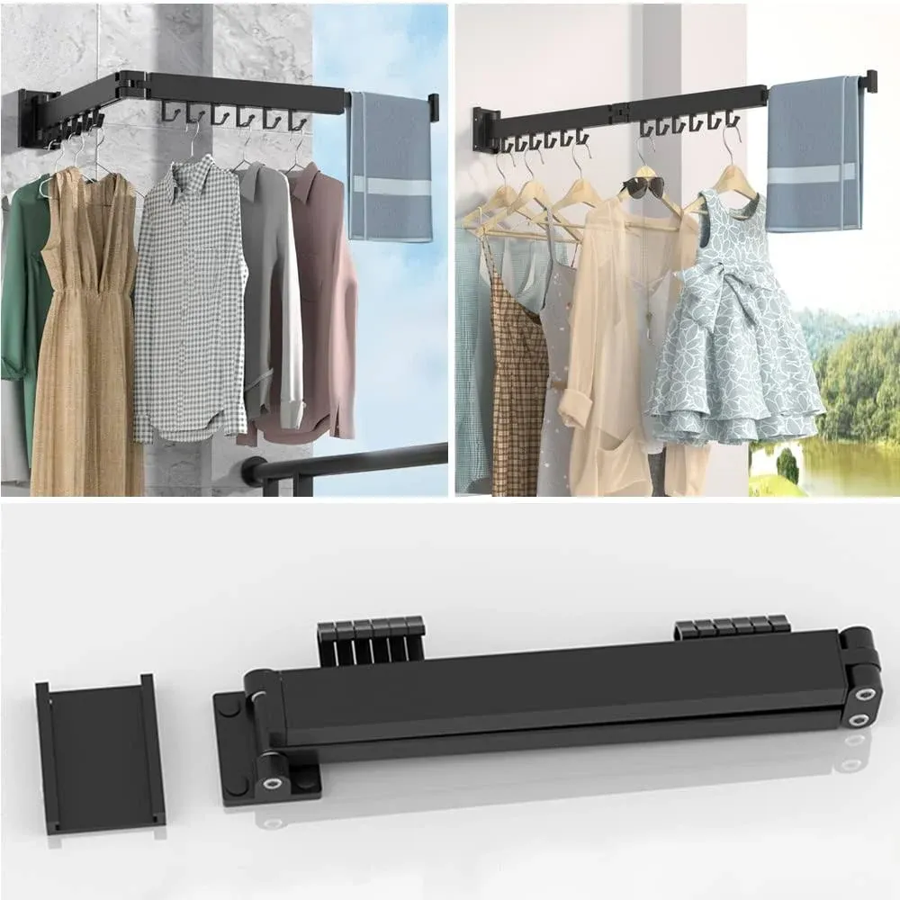 Clothes Laundry Drying Rack Wall Mounted Retractable Garment Hanger with Hook...