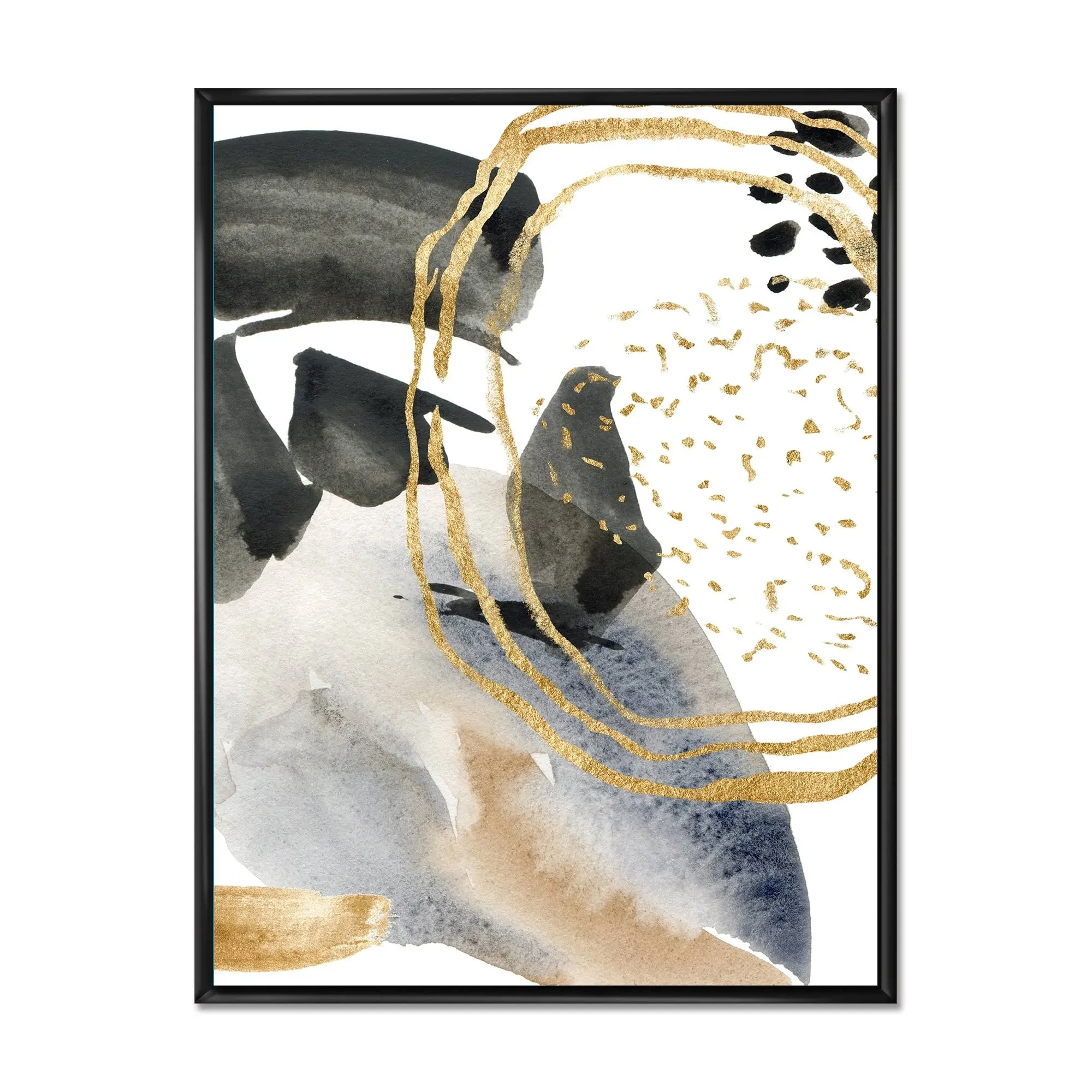 Pastel Abstract with Black Blue Beige and Gold Spots 24 in x 32 in Framed ...