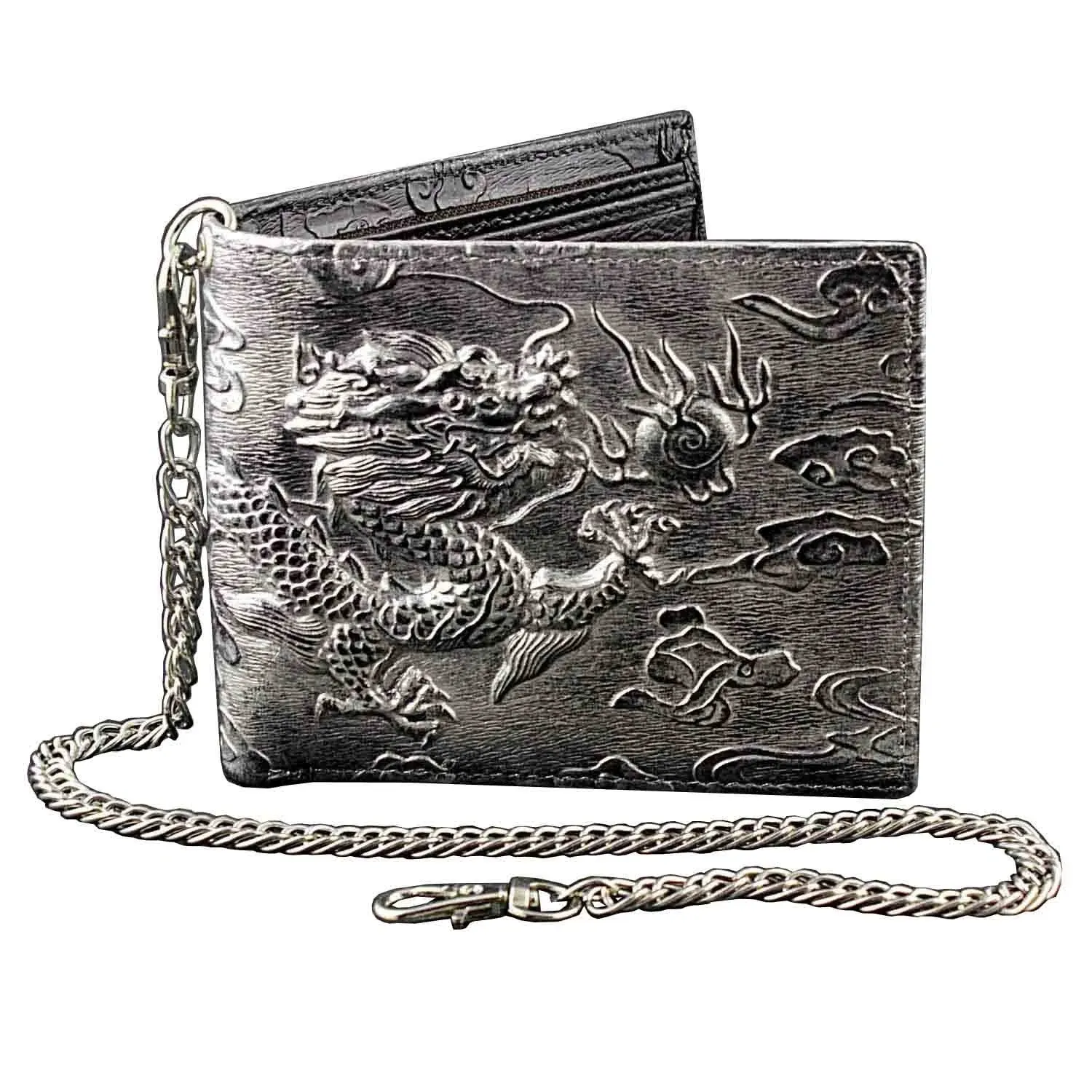   Mens Dragon Vintage Silver Grey Leather Wallet Card Holder Purse With Chain