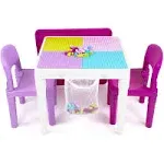 Humble Crew Kids 2-in-1 Plastic Building Blocks-Compatible Activity Table and 2 Chairs Set, Square, Pink/Purple/White