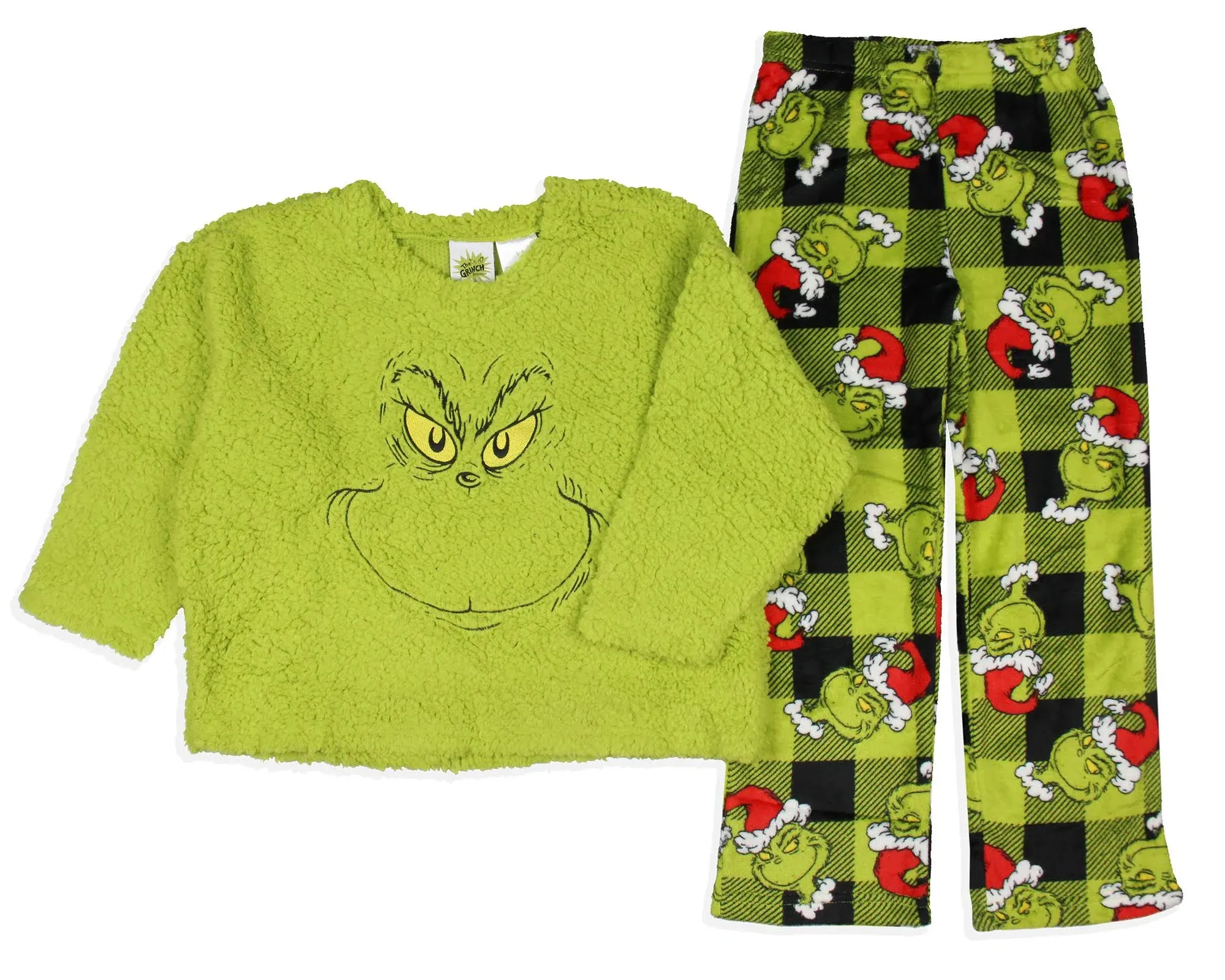 Dr. Seuss The Grinch Boy's Santa Plaid Plush Fleece Kids Pajama Sleep Set (4)