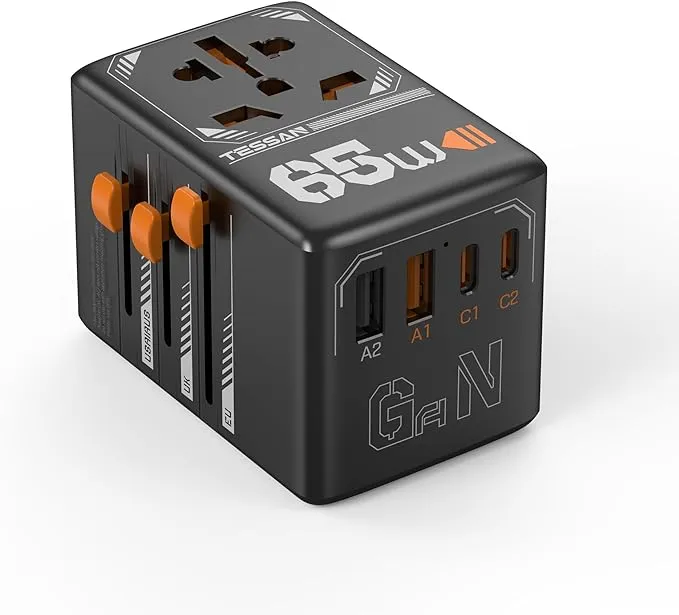 TESSAN Universal Travel Adapter, GaN 65W International Plug Adaptor with 4 USB(2 USB C) Charging Ports, Worldwide Power Outlet for US to European EU UK AUS Ireland(Type C/G/A/I)