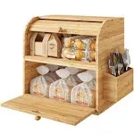 Natural Bamboo 2 Layer Large Bread Box Kitchen Counter Wood Bread Storage New