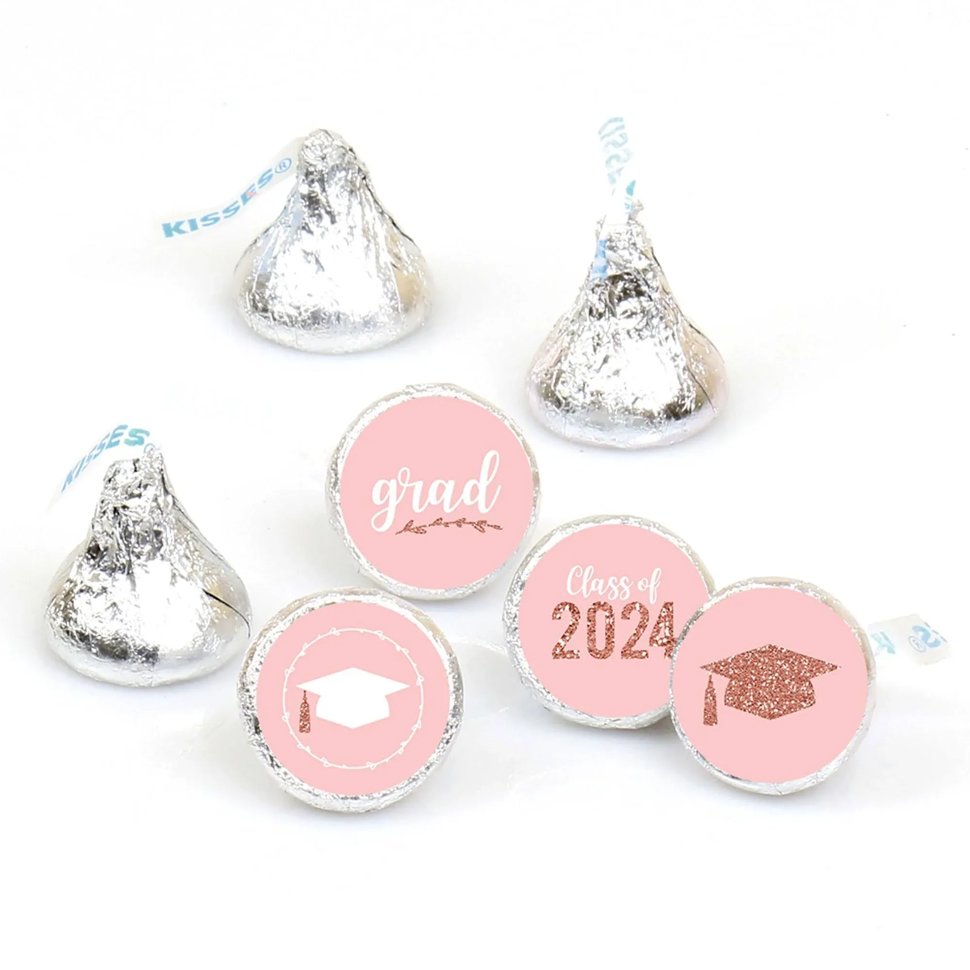 Rose Gold Grad - 2024 Grad Party Round Candy Sticker Favors (1 sheet of 108)