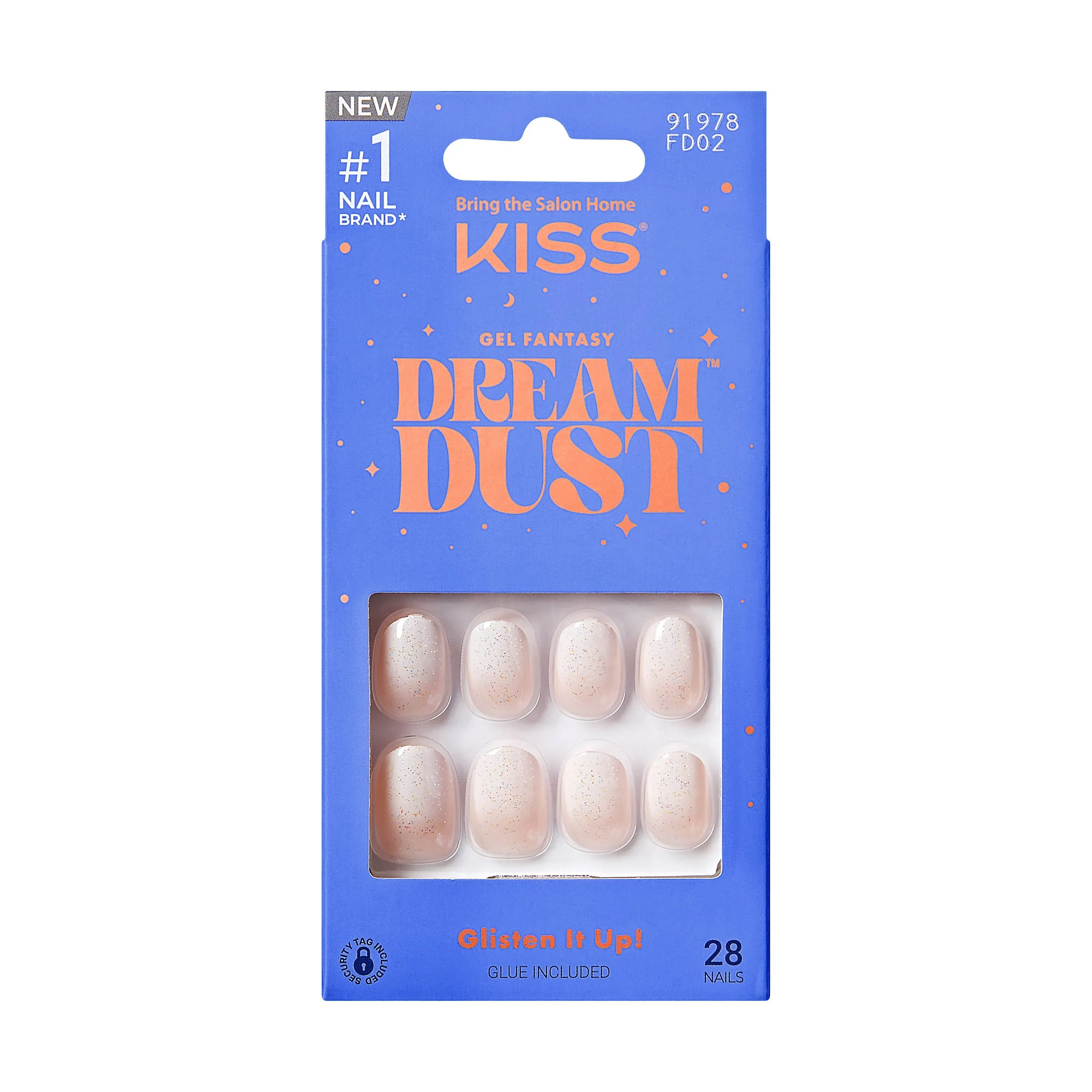 KISS Gel Fantasy Dreamdust Dreamdust, Press On Nails, Silver Spoon, White, Short Oval, 28 Count