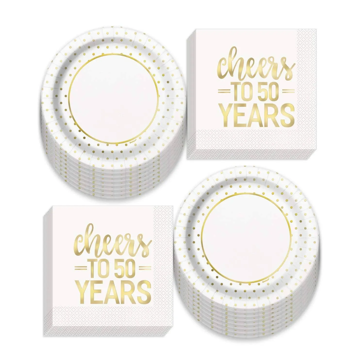 Fancy Gold Metallic Dots Paper Dinner Plates and Luncheon Napkins, Cheers to 50 Years Birthdays and Anniversaries (Serves 16)