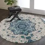 3 Ft Vintage Floral Area Rug Non-Slip Medallion Distressed Throw Rug Blue