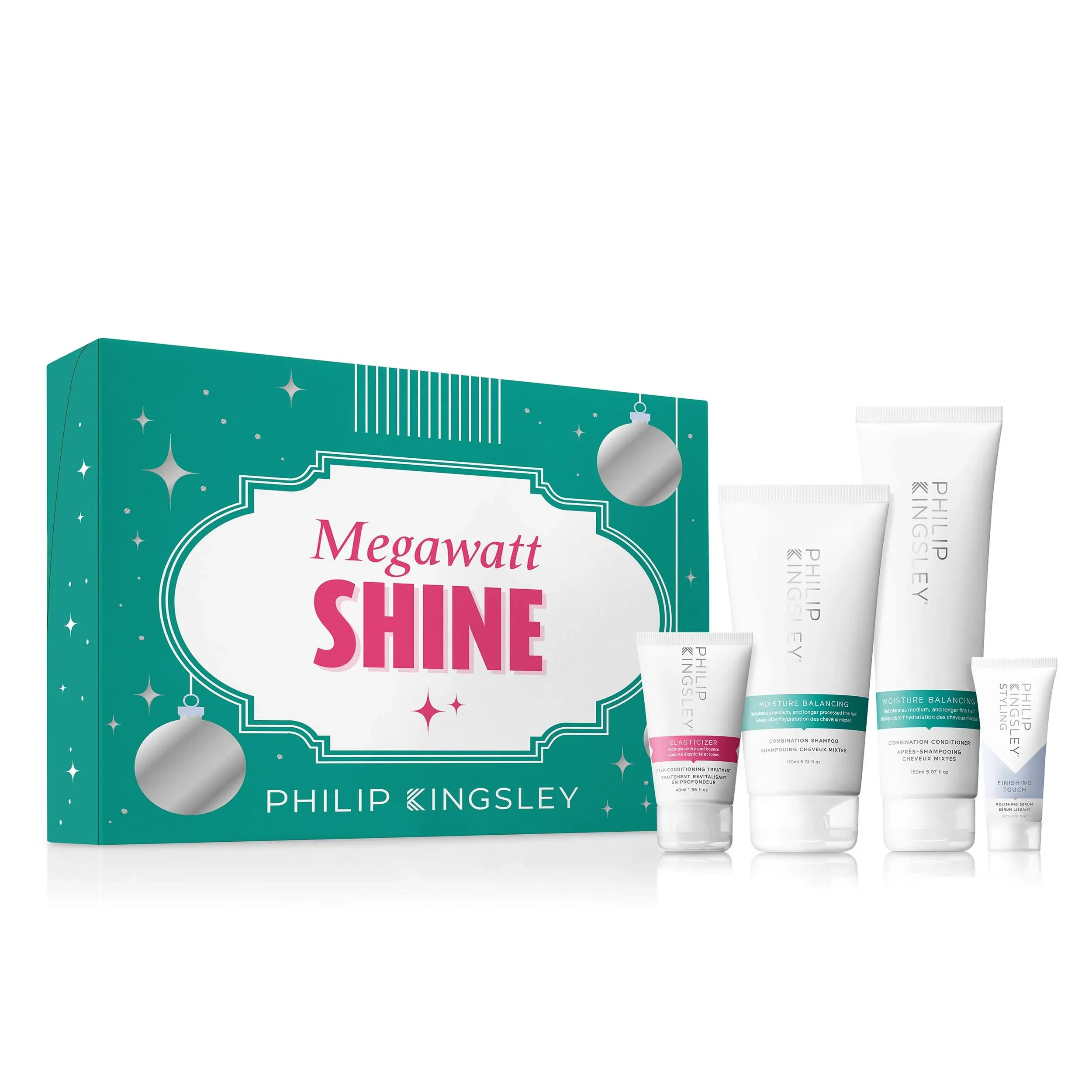 Philip Kingsley Retro Christmas Collection Megawatt Shine, Moisture Balancing Hydrating Shampoo and Conditioner, Elasticizer Deep Conditioning Hair Mask Treatment, Finishing Touch Polishing Serum