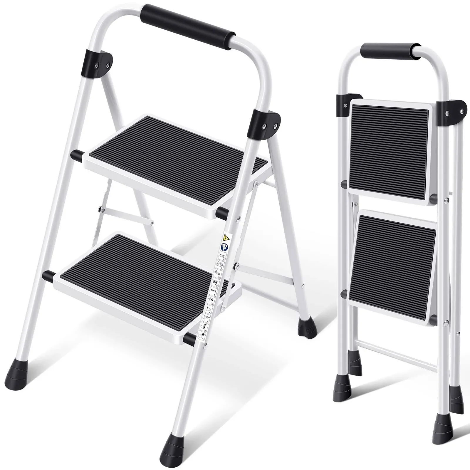 Folding Ladder with Non-Slip and Wide Pedal, Small Ladder 2 Step Ladder White