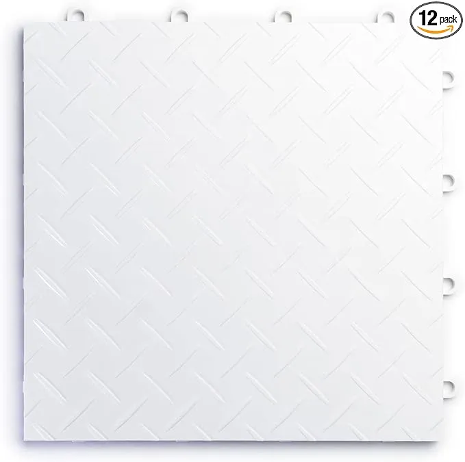 Big Floors RaceDeck Diamond Plate Design, Durable Interlocking Modular Garage Flooring Tile (12 Pack), White