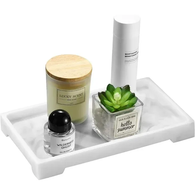 Luxspire Resin Vanity Tray, Bathroom Toilet Tank Storage Tray, 9.6 x 6 inch Kitchen Sink Trays Decorative Serving Tray, Vanity Countertop Organizer for Makeup Towel Perfume Holder, M, White Marble