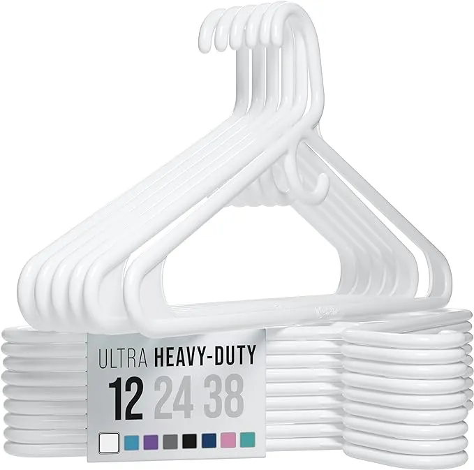 NEATERIZE Ultra Heavy Duty Plastic Clothes Hangers - White - Durable Coat, Suit and Clothes Hanger. Perchas De Ropa (24 Pack - White)