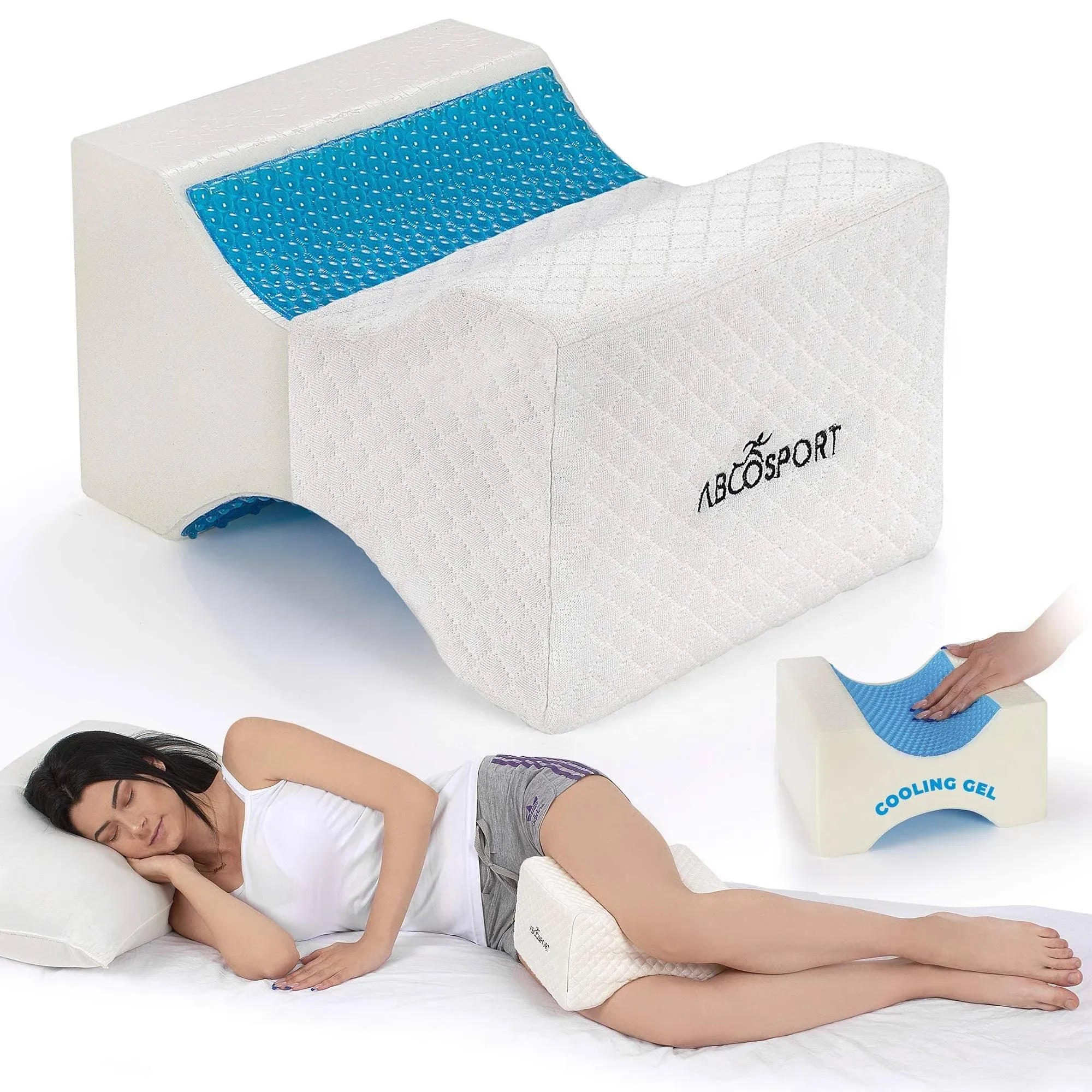 Abco Tech Memory Foam Knee Pillow with Cooling Gel - Knee Wedge Pillow, Leg Pillow for Side Sleepers, Pregnancy, Spine Alignment, Pain Relief - Pillow for Between Knees While Sleeping + Washable Cover