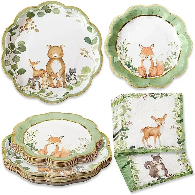 Woodland Baby Paper Plates Napkins, Kate Aspen 16pcs 7 inch & 16pcs 9 inch Heavy Duty Disposable Party Plates, 30pcs 6.5 inch Durable Paper Napkins for Birthday, Baby Shower Party