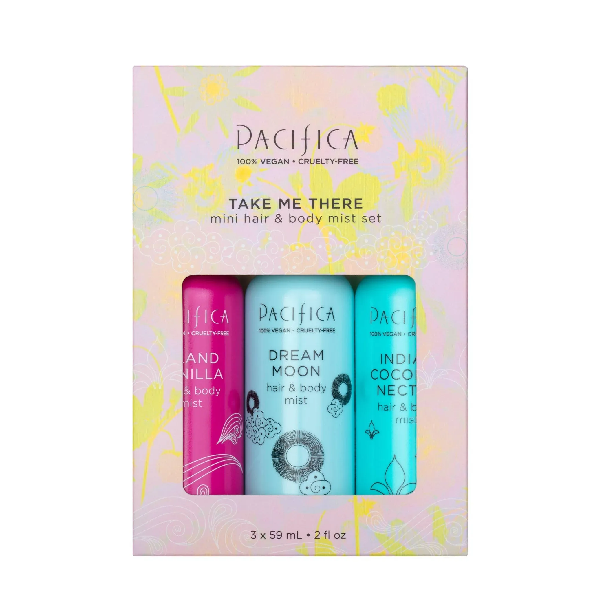 Pacifica Beauty Take Me There Hair & Body Mist Travel Size, Gift Set, Fragrance, Perfume Body Spray, Island Vanilla, Dream Moon, Silver Moon, Vegan, 2 fl oz each (Set of 3)