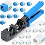 Everest easyJACK - 90° Angled Speed Termination Keystone Tool - with 20-Pack of RJ45 Cat6 Keystone Jacks (10 Blue & 10 White) - RJ45 Punch Down Tool Cat6, Network Punch Down Tool, Punchdown Tool Cat6