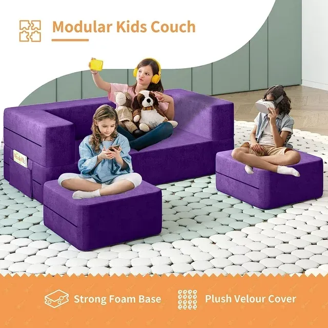 Wanan Kids Couch with Two Ottoman, Toddler Couch Sofa for Kids, Modular Kids Sofa Couch with Washable Covers, Play Couch Foldable Loveseat, Kids Fold Out Couch Lounger (Grape)