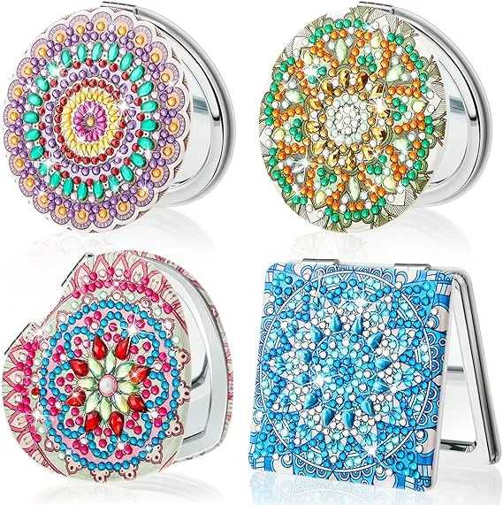 Marsui 4 Pcs Diamond Painting Compact Mirror Diamond Art Kits for Adults DIY Pocket Mirror with Diamond Art Cover Portable Folding Purse Diamond Mirror for Women(Mandala)