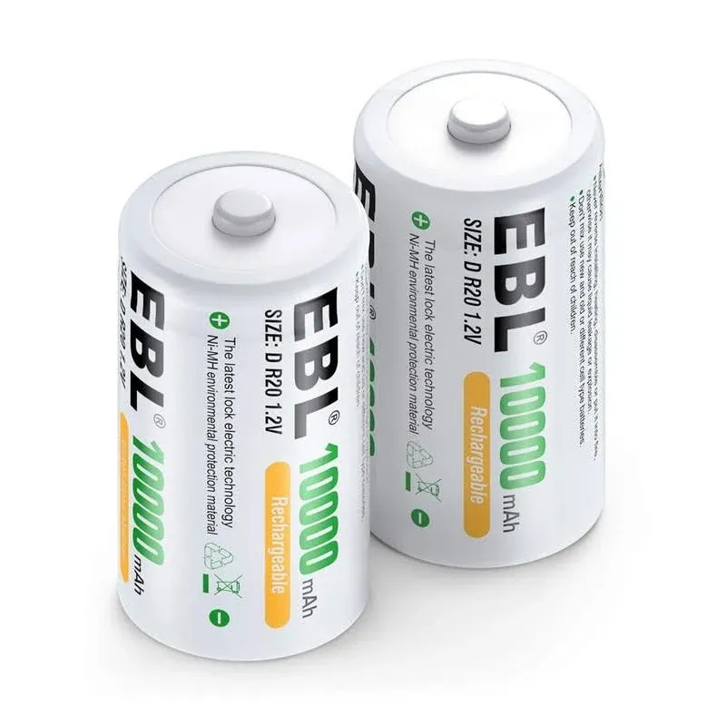 EBL D Size Rechargeable Batteries D Cell 10000mAh NiMH Battery 2 Counts
