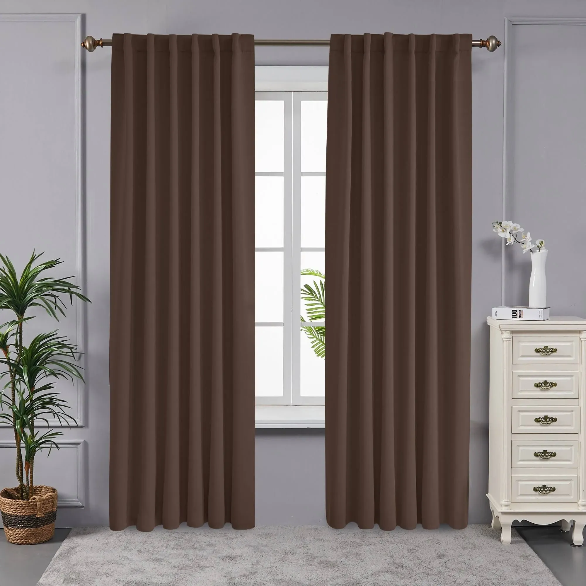 Deconovo Short Blackout Curtains for Small Windows Thermal Insulated Rod Pocket and Back Tab Curtains 42Wx45L Inch Brown 2 Panels