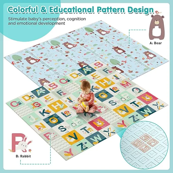 Gimars 50”x50” 2 in 1 Crawling & Learning Baby Play Mat with Vivid Pattern & Alphabet, Thick One-Piece Foam Play Playpen Mat, Non-Slip & Machine Washable Baby Crawling Mat for Infants,Toddlers