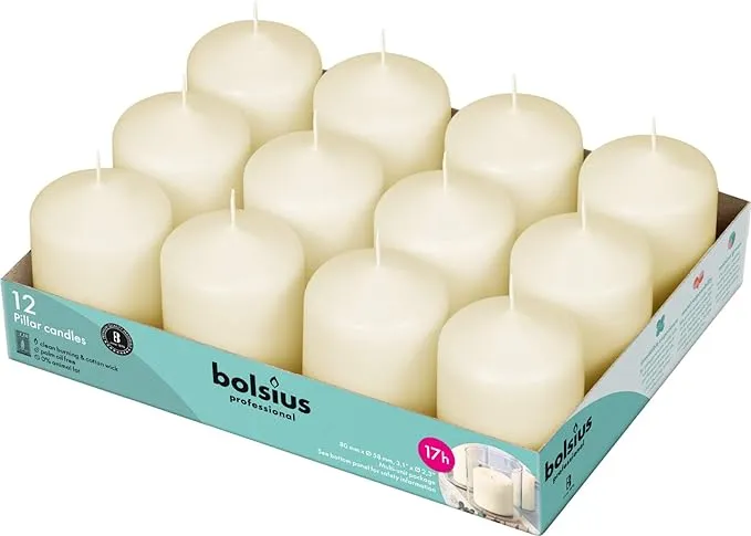 BOLSIUS 12 Ivory Pillar Candles Bulk - 2.3 x 3 inch Candle Set - 17 Hours Clean Burning - No Palm Oil - 0% Animal Fat - Premium European Quality - Wedding, Party, Dinner & Emergency Candles