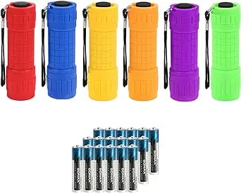 Whaply Small Mini Flashlights Pack of 6,Assorted Colors,New Type COB Light,with 18 AAA Battery (6 Pack)