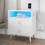 Hommpa LED Nightstand with Charging Station White Night Stand with Open Shelf ...